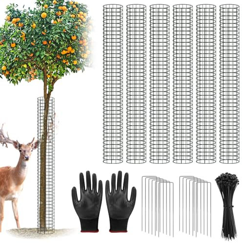 UQM 48 Inch Tree Trunk Protector, 6 Pcs Metal Tree Guards Trunk Protector with Glove & Metal Stakes & Zip Ties, Mesh Tree Bark Protector, Plant Protectors from Deer Animals Mowers Trimmers