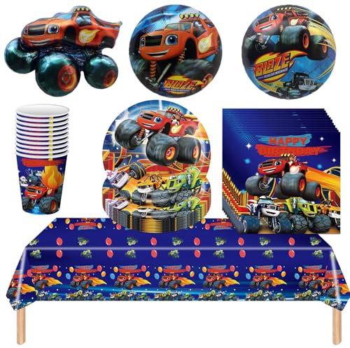 44Pcs Monster Truck Kindergeburtstag Tischdekoration und Partygeschirr Set mit Folienballonen - Auto Partyzubehör für Kinder