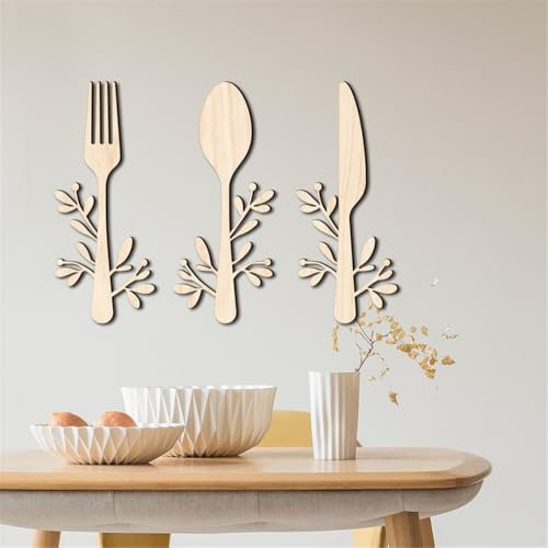 seaNpem Wood Tableware Wall Decor, 3 Pcs Wooden Knife Fork Spoon Wall Art Decor Farmhouse Kitchen Utensils Wall Sign for Kitchen, Dining, Home Decor (White)