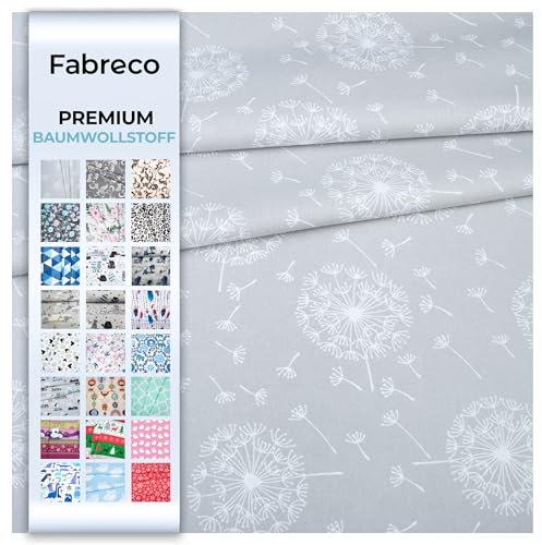 Fabreco - 100% Premium Baumwollstoff Meterware 200x160cm - grauer Löwenzahn | 220 g/lfm – Weich, langlebig & hautfreundlich | Stoffe Zum Nähen & Dekoration | Stoff Meterware - Fabric