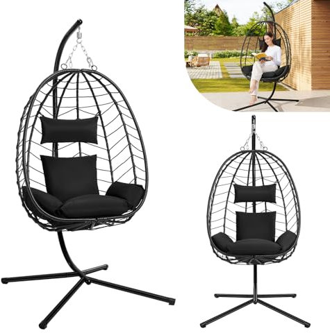 Laneetal Fauteuil Oeuf Suspendu, Chaise Balançoire, avec Support en Métal, Coussin de Siège et Appui-tête, Charge 150kg, Rotin PE, pour Jardin, Balcon, Terrasse, 102x100x196cm, Anthracite