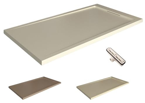 VAROBATH | Plato de ducha de resina STYLE - Resina con relleno mineral y textura pizarra antideslizante C3 - Incluye válvula de desagüe y rejilla oculta (CREMA RAL1013, 80X170)