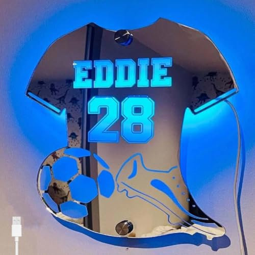 AoLa Fußball Trikot Personalisieren Led Licht mit Namen und Nummer Individuelle Wandleuchte aus Acryl, RGB Dimmbar Wandlampe mit Fernsteuerung Wand Dekolampe für Jungs Männer Mädchen,37CM