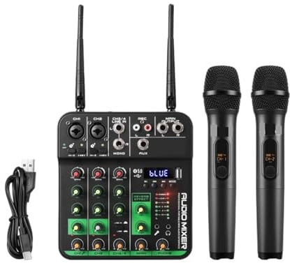 4 Kanäle Audio Mixer UHF Mikrofon Audio Interface Mischpult Bluetooth Record PC Delay Repaeat Effekt