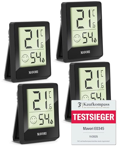 TESTSIEGER FAZ-Kaufkompass – MAVORI® E0345 Digitales Hygrometer Thermometer innen | Präziser Luftfeuchtigkeitsmesser & Raumthermometer für Wohnzimmer, Schlafzimmer, Baby (Schwarz, 4St.)