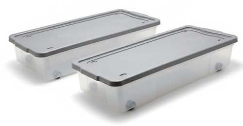 ALEEZ - 47L Underbed Storage Box With Lid - Clear Plastic Stackable Storage With Wheels - Transparent Clothes Organizer - Neastable Under Bed Container - Large Portable Multipurpose Room Organiser (2)
