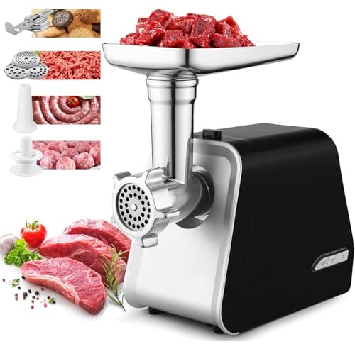 Elektrischer Fleischwolf 2000W mit Wurstfüller & Keksaufsatz, Schwarz | Wurstmaschine mit 3 Lochscheiben, Wurst-, Kibbe- & Keksaufsatz. Ideal für Hackfleisch, Mett & Spritzgebäck