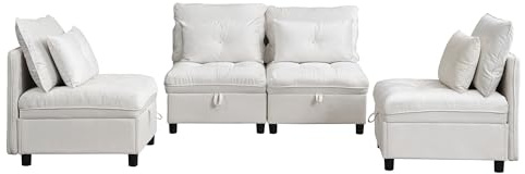 BTM Cloud Couch Ecksofa mit Stauraum 4-Sitzer Modulares Sofa mit Schlaffunktion Wohnlandschaft I Form Frei Kombinierbar Beige