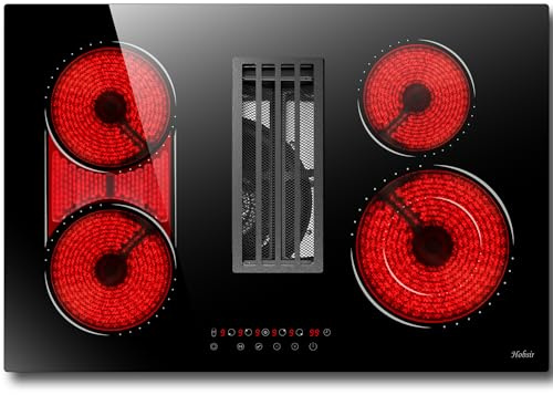 Hobsir Piano cottura a induzione con cappa aspirante 77 cm – 7100 W 4 piastre piano cottura in vetroceramica autosufficiente, 9 livelli di potenza, sicurezza bambini, funzione flessibile