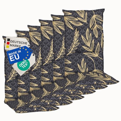 NYVI Gartenstuhl Auflagen Hochlehner 6er Set Barcelona - UV-Beständig, Atmungsaktiv, Strapazierfähig - Hochlehnerauflagen Sitzkissen Outdoor - Sitzauflagen für Gartenstühle 118x50cm Goldene Blätter