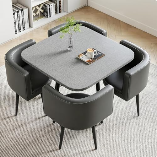 Essgruppe Set Tisch und Stühle, Quadratisches Esstisch mit 4 Stühlen, Küchetisch aus MDF Tischplatte mit Gepolsterten Stühlen, Tisch und 4 Stühle für Küche, Wohnzimmer, Balkon (Quadratisch Grau)