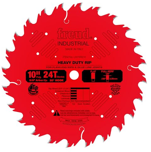 Freud Heavy-Duty Rip Saw Blade with Premium Tico Hi-Density Carbide Ripping Blend for Maximum Performance - 10 Diameter, 24 Teeth, 5/8 Arbor, .126 Kerf - LM72R010