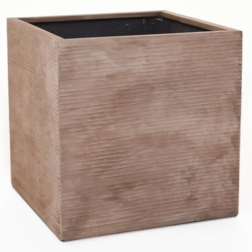 VIVANNO Pflanzkübel Fiberglas Block Frostsicher - 50x50x50 cm - Gestreift Beige - Blumenkübel Quadratisch für Draußen und Drinnen