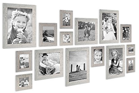 PHOTOLINI Bilderrahmen-Set Holz Grau, 15er Rahmenset Echtholz-Rahmen rustikal, Strandhaus, Made in Germany, Echtglas, zum Aufhängen, extra Zubehör - Treibholzlook mit einem Hauch Küstenflair