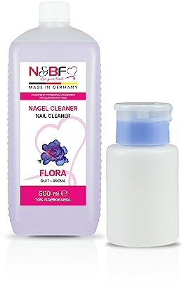 NAILS FACTORY | N&BF Nagel Cleaner Set mit Duft 500ml + Dispenser Pumpflasche 150ml - 70% Isopropanol-Alkohol – für Gelnägel – Nagelreiniger – kosmetisch rein in Studioqualität (Flora)