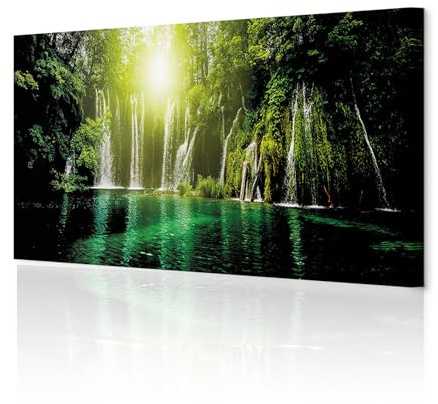 decomonkey Bilder Wald Wasserfall 120x40 cm 1 Teilig Leinwandbilder Natur | Strukturleinwand, Holzkeilrahmen, Bild auf Leinwand, Wandbild, Kunstdruck, Wanddeko, Wohnzimmer, Wanddekoration, Landschaft