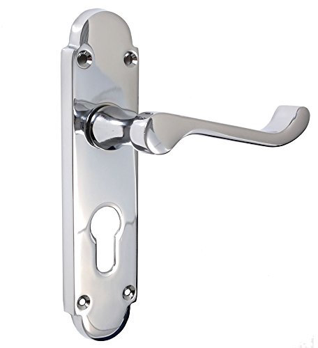 Pair of Polished Chrome Scroll/Shaped Door Handles - Euro Keyhole Front Lock Lever