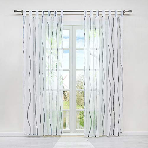 HongYa 1er-Pack Voile Gardine Transparenter Vorhang mit Schlaufen Wellen Druck H/B 175/140 cm Weiß Silber