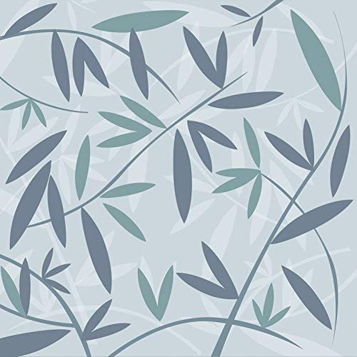 Papier peint intissé panoramique 250 cm X 250 cm, motif feuilles de bambou vert bleuté sur fond vert clair.