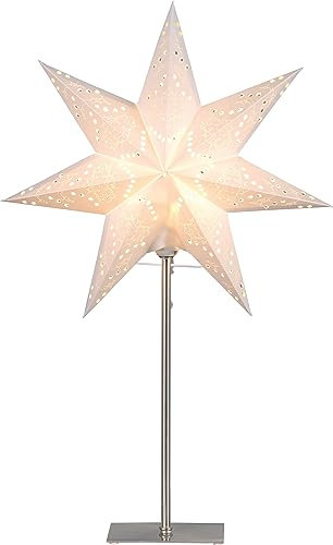EGLO Tischlampe mit Weihnachtsstern, Dekostern beleuchtet aus Papier mit Metall-Sockel, 3D Fenster-Leuchtstern stehend in weiß mit Kabel, E14