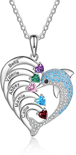 ALBERTBAND Personalisierte Herz Delphin Halskette mit 2-8 Namen Eingravier Geburtsstein Anhänger für Frauen Familienversprechen Halskette zum Valentinstag Schmuck Geschenk (5 names)