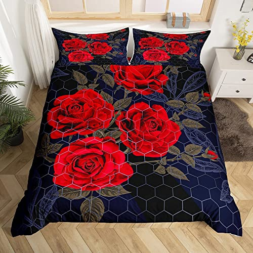 Homemissing Roses Rouges Parure de Lit 220x240cm Luxe Rose Floral Housse de Couette pour Filles Femme Romantique Fleurs Ensembles de Housse de Couette Nid d'abeille Décor Feuille Branches 3 pièces
