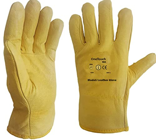 A406 3 PAIRS Driver Gloves Fleece Cotton Lined Leather Lorry Drivers Work Gloves Yellow Leather Gloves (Large)