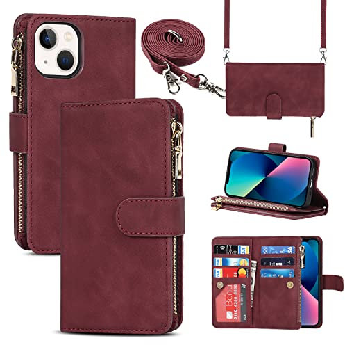 Cavor Coque Compatible avec iPhone 13 Mini Etui avec Cordon,Flip Portefeuille Étui Cuir,[9 Porte Cartes][Double Boucle],Protection Housse Etui Compatible avec iPhone 13 Mini - Rouge