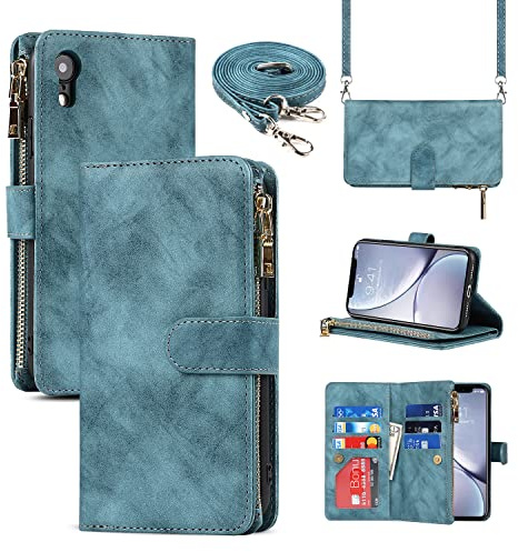 CAVOR Handykette Handyhülle kompatibel mit iPhone XR Hülle Mit Band,Flip Leder Geldbörse Hülle Mit Kette,[9 Kartenfach][Doppelte Schnalle],Umhängeband Klapphülle Handytasche - Hellblau