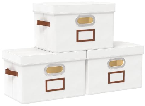 OUTBROS Storage Baskets with Lids, Foldable Box 38x25x25 cm, White, 3 Set | Foldable Organiser Containers for Shelves, Cube Decorative Bins with Handle