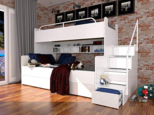 Marlux-Meble Hochbett Kinderbett JSM-3 mit Treppe 80x190 + 120x190 Hochglanz Kinderbetten Funktionsbett Etagenbett Stockbett Kinderhochbett Jugendhochbett (Weiß Glanz)