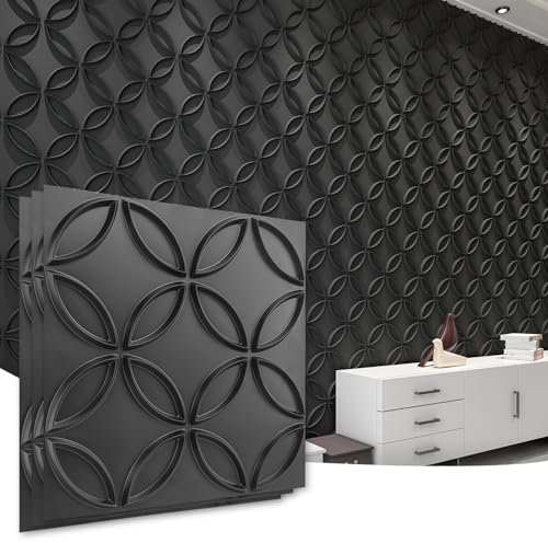Art3d PVC 3D Wall Panel Interlocked Circles in Matt Black Cover 32 Sq.ft, for Interior Ceiling and Wall Decor for Residential or Commerical, 19.7''×19.7''