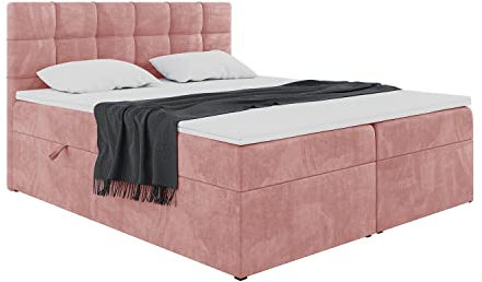 MEBLINI Boxspringbett mit Bettkasten - Gepolstert Doppelbett mit Matratze und Topper - Polsterbett mit Stauraum - Bett mit Kopfteil - Stauraumbett - TAPO 1-140x200 - H3/Rosa Samt