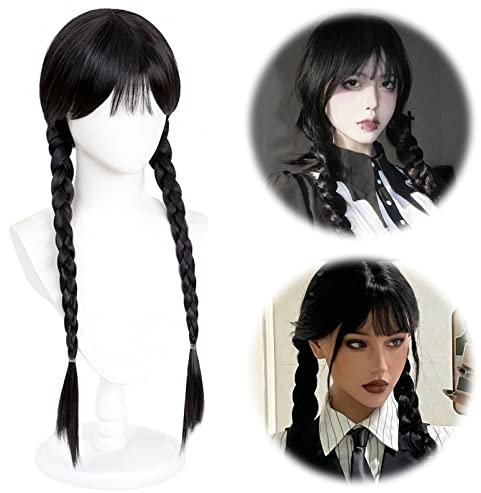 Perücke Doppelt Geflochten Perücken Schwarz für Damen Mädchen Pony Zopf Perücke Doppeltem Pferdeschwanz Perücke Geschenke für Cosplay Party Dekorationen