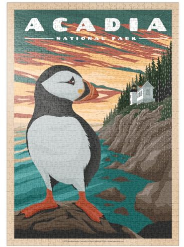 MyPuzzle Acadia National Park - Bass Harbor Puffins, Vintage Travel Poster - Premium 1000 Teile Puzzle - MyPuzzle Sonderkollektion von Havana Puzzle Company
