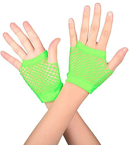 HD Novelty Fingerlose Netzhandschuhe Diva für Damen, schwarz, 80er-Jahre-Retro-Vintage-Nylon, dehnbare Netzhandschuhe für Kinder und Mädchen, Tanzen, Disco, Kostümpartys, Zubehör, Neongrün