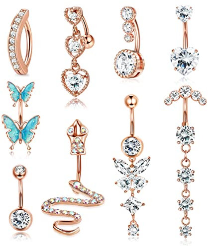 YADOCA 9 Stück 14G Bauchnabelpiercings Chirurgenstahl für Damen Mädchen Langer Anhänger Bauch Piercing Cubic Zirkonia Herz Schlange Schmetterling Bauchnabelpiercings Schmuck Set Roségold