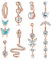 YADOCA 9 Stück 14G Bauchnabelpiercings Chirurgenstahl für Damen Mädchen Langer Anhänger Bauch Piercing Cubic Zirkonia Herz Schlange Schmetterling Bauchnabelpiercings Schmuck Set Roségold