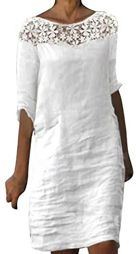 Leinenkleid Damen Sommer - Sommerkleid Knielang Strandkleid Spitze Rundhals Baumwolle Leinen Kleid Kurzarm Blusenkleid Leicht Bequeme A Linien Tunika Kleider Freizeitkleid Shirtkleid