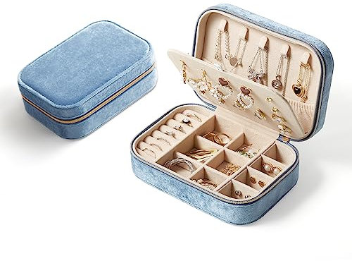 CASEGRACE Reise-Schmuckschatulle aus Plüschsamt, tragbares Schmuckkästchen für Damen und Mädchen, doppellagiger Schmuck-Organizer, Präsentationsbox für Halsketten, Ohrringe, Ringe, Armbänder,