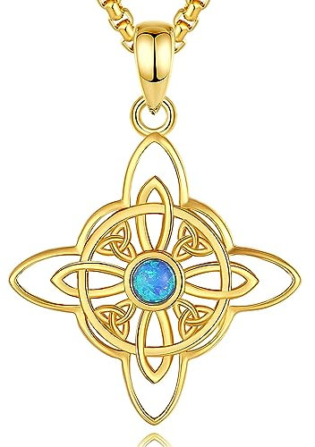 CELESTIA Keltischer Knoten Amulett Kette Damen Silber 925 Opal Anhänger Vergoldet Halskette Pagan Wicca Hexen Schmuck Okkulte Esoterik Geschenk Frauen -51 cm