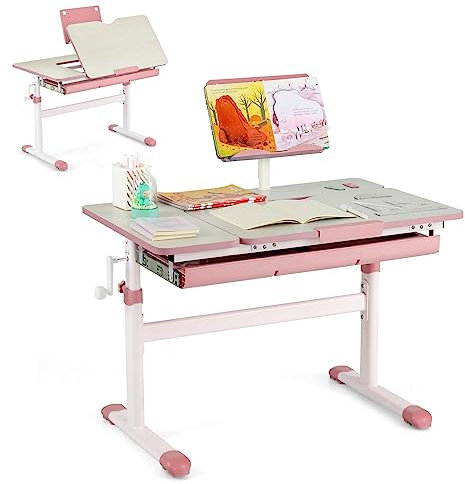DREAMADE Kinderschreibtisch höhenverstellbar, Schülerschreibtisch neigungsverstellbar, Schreibtisch Kinder, Jugendschreibtisch mit Bücherständer und Schublade (Rosa)