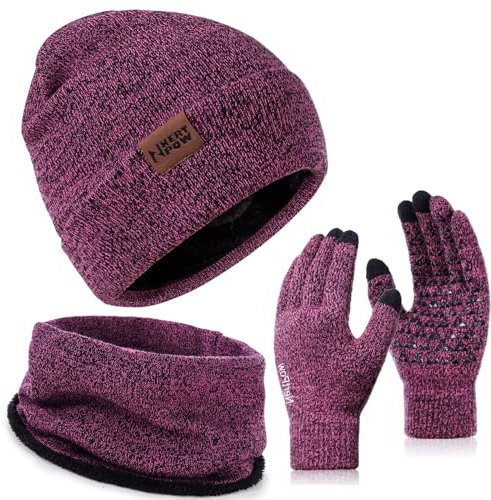 Nertpow Mütze, Schal & Handschuh-Sets für Damen Herren, Touchscreen Handschuhe Winter Beanie Mütze Stricken mit Fleece Gefüttert Schal Halswärmer Geschenk Set(Handschuhe&Mütze&Schal Schwarze Rose)
