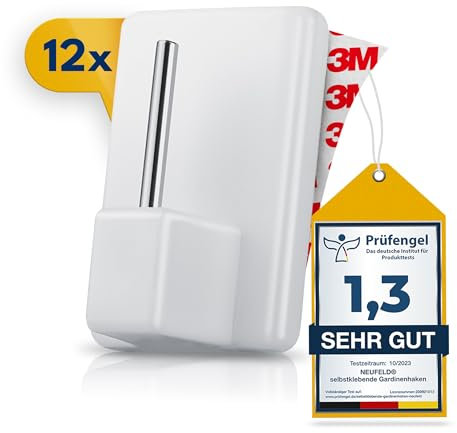 Neufeld - Lote de 12 ganchos adhesivos blancos para cortinas, superficie adhesiva 3M sin taladrar