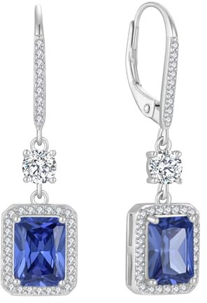 FJ Quadrat Prinzessschliff Hängend Ohrringe Damen 925 Sterling Silber Solitaire Halo Tansanit Ohrringe Dezember Geburtsstein Schmuck Geschenke für Frauen