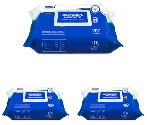 Clinell CAHW200 Antibacterial Hand Wipe Suitable for Hands and Surfaces, 3 Pack of 200 wipes,15 x 10 x 12 centimeters