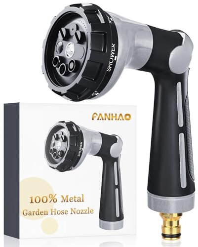 FANHAO Hose Pipe Spray Gun Heavy Duty,100% Metal Garden Hose Gun with 8 Spray Patterns,High Pressure Hose Nozzle Thumb Control On Off Valve for Lawn & Plant Watering, Car & Pet Washing-Silver