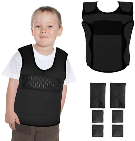 Gewichtsweste für Kinder (XS, Alter 3 bis 4 Jahre) Kompressionsweste für Kinder, inklusive 6 abnehmbaren Gewichten, Schwarz