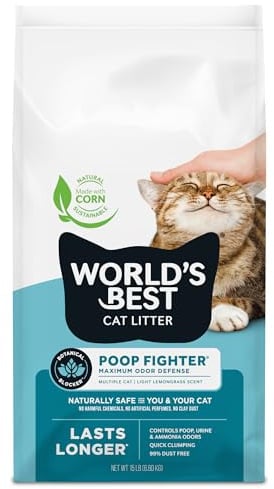 WORLD'S BEST CAT LITTER Poop Fighter Maximale Geruchsabwehr, 6,8 kg, natürliche Inhaltsstoffe, schnelles Klumpen, spülbar, 99 % staubfrei, hergestellt in den USA, langanhaltende Geruchskontrolle und