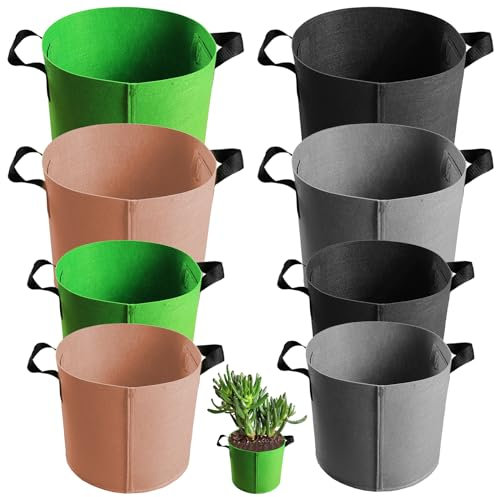 XSHAO® 8 sacchetti per piante in tessuto non tessuto con manici, vaso in tessuto per fiori, piante e altro, nero, verde, cachi, grigio – 1/2 galloni (4 L/8L)